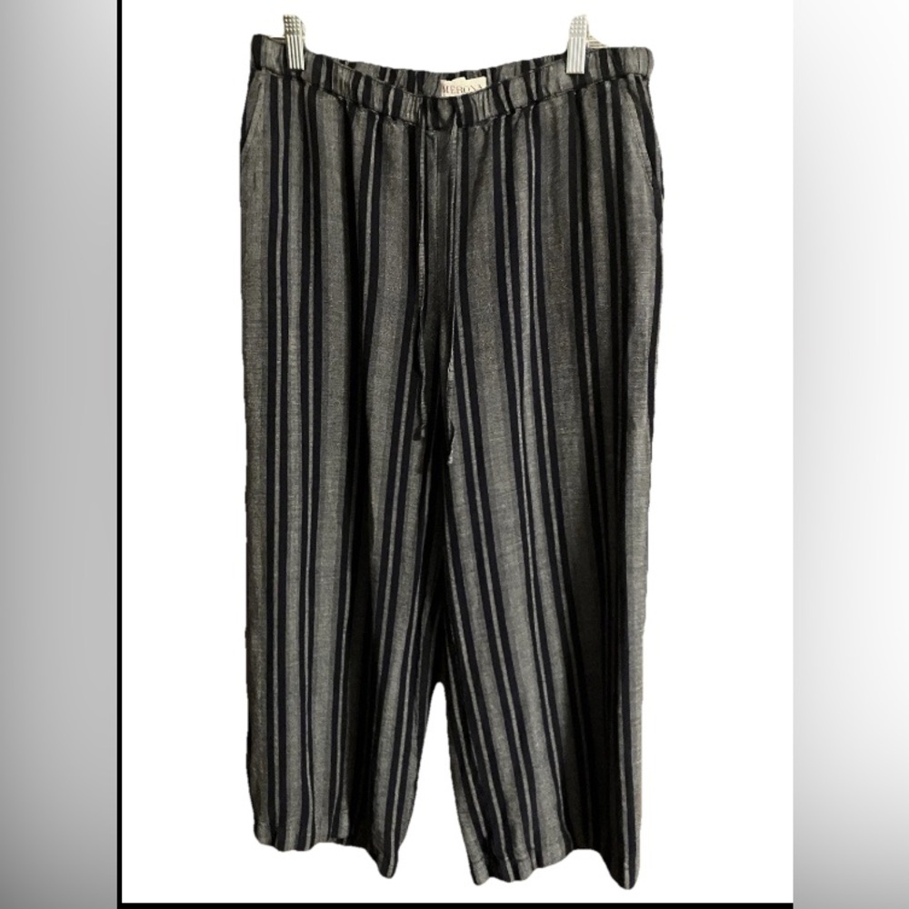 Merona Womens Cropped Striped Pants Size M, Linen High Rise, Side Pockets Black